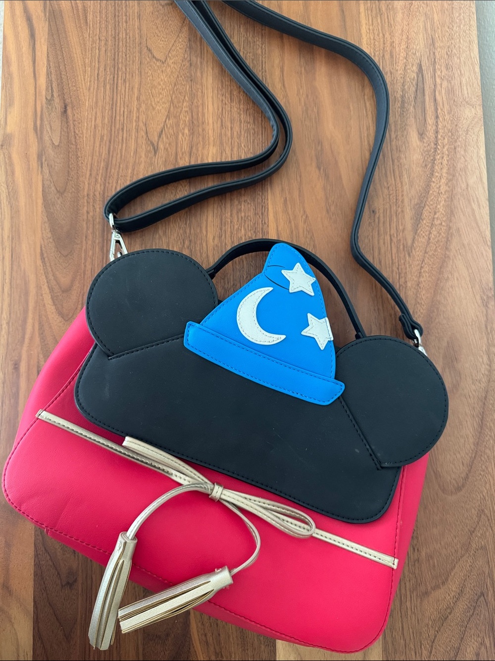 Disney  Loungefly Black & Red Crossbody Bag with Blue Wizard Hat Accent